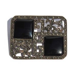 Vintage Black Onyx Marcasite Sterling Silver Brooch Pin Art Deco Style Floral